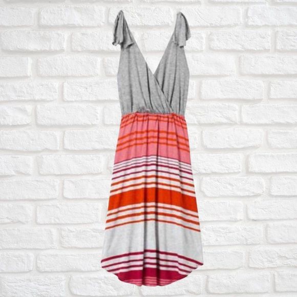 Pink Lotus Dresses & Skirts - Athleta Calypso Cross Front Dress by Pink Lotus, Grey/Pink/Coral Stripes